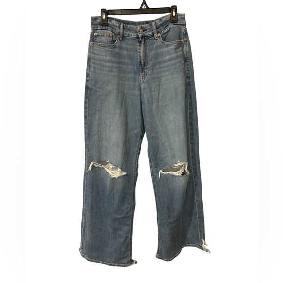 AE Curvy Super High Rise Baggy Wide Leg Distressed Women Blue Jeans Sz 8 Long - Picture 1 of 5